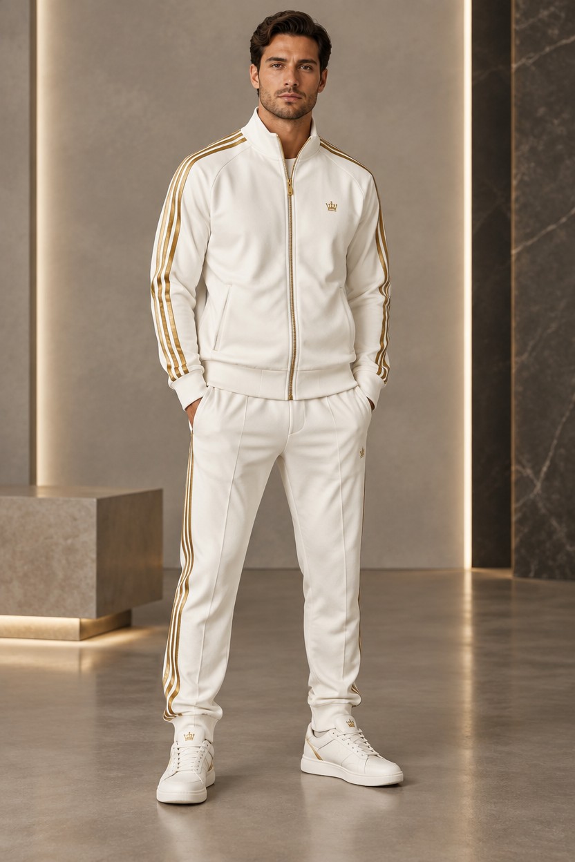 Design a premium, modern white tracksuit with a slightly off-white/clean white base color, avoiding an overly bright or pure white appearance. The tracksuit should have **three clean, parallel stripes running down the outside of both sleeves and down the outside of both pant legs**.
The three stripes should be a **rich, elegant metallic gold**, with a **thin white outline around the gold stripes** to make them stand out cleanly against the white fabric. Keep the stripes symmetrical, sharp, evenly spaced, and athletic-looking.
The tracksuit should have a sleek, fitted but comfortable silhouette, with a high-quality luxury sportswear appearance. Use subtle gold details on the zipper and other small accents if appropriate. Keep the overall design **minimal, clean, sophisticated, and premium**, with the main focus being the white/off-white fabric and the gold-and-white three-stripe design.
Show the **full tracksuit — jacket and matching pants — from the front**, displayed clearly so the entire design and stripe placement can be seen.