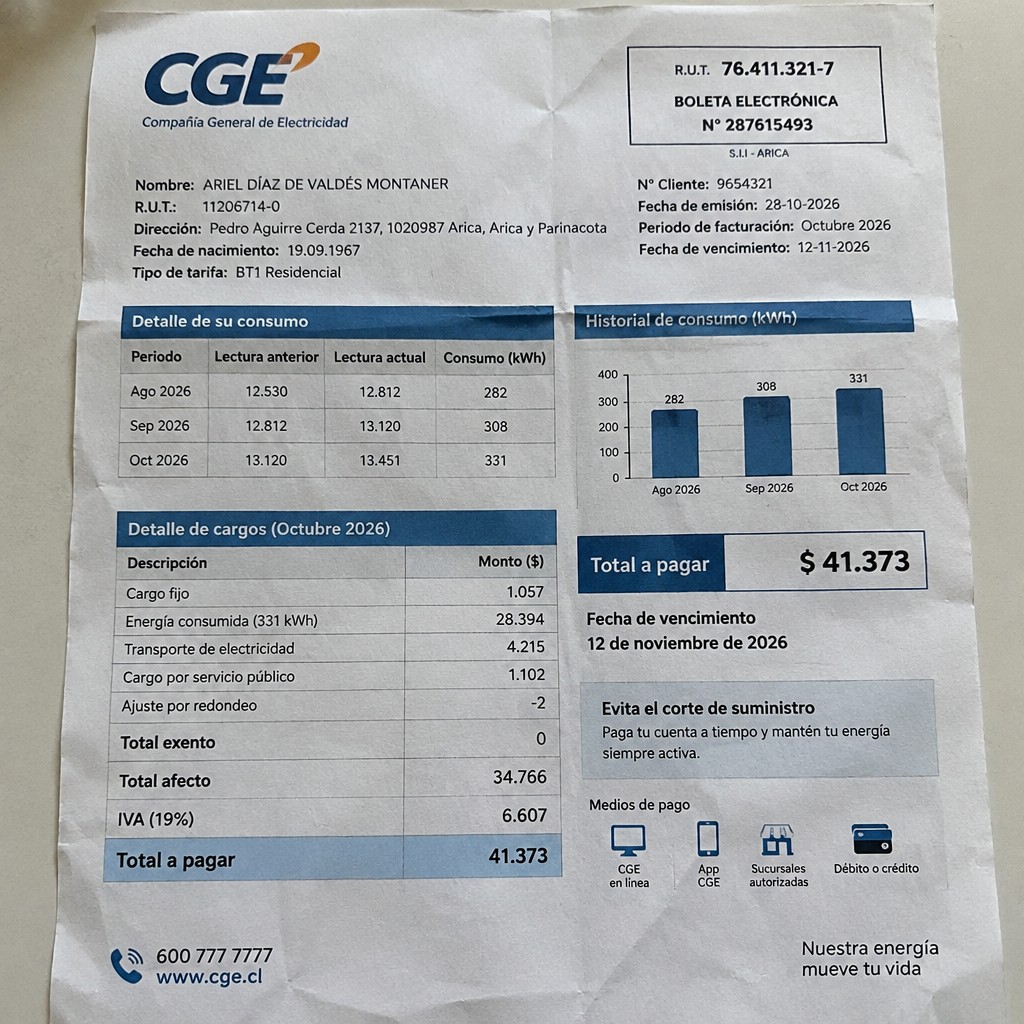 Create a statement, an electricity bill in CHILE. The A4 statement should be realistic, as if it were photographed on a phone. The document should be on a white background. The document must be for the last 3 months of October 2026. The document should contain several transactions and be wrinkled at the edges.
Name ARIEL DÍAZ DE VALDÉS MONTANER
Address Pedro Aguirre Cerda 2137, 1020987 Arica, Arica y Parinacota
R.U.T. 11206714-0
Date of birth 19.09.1967