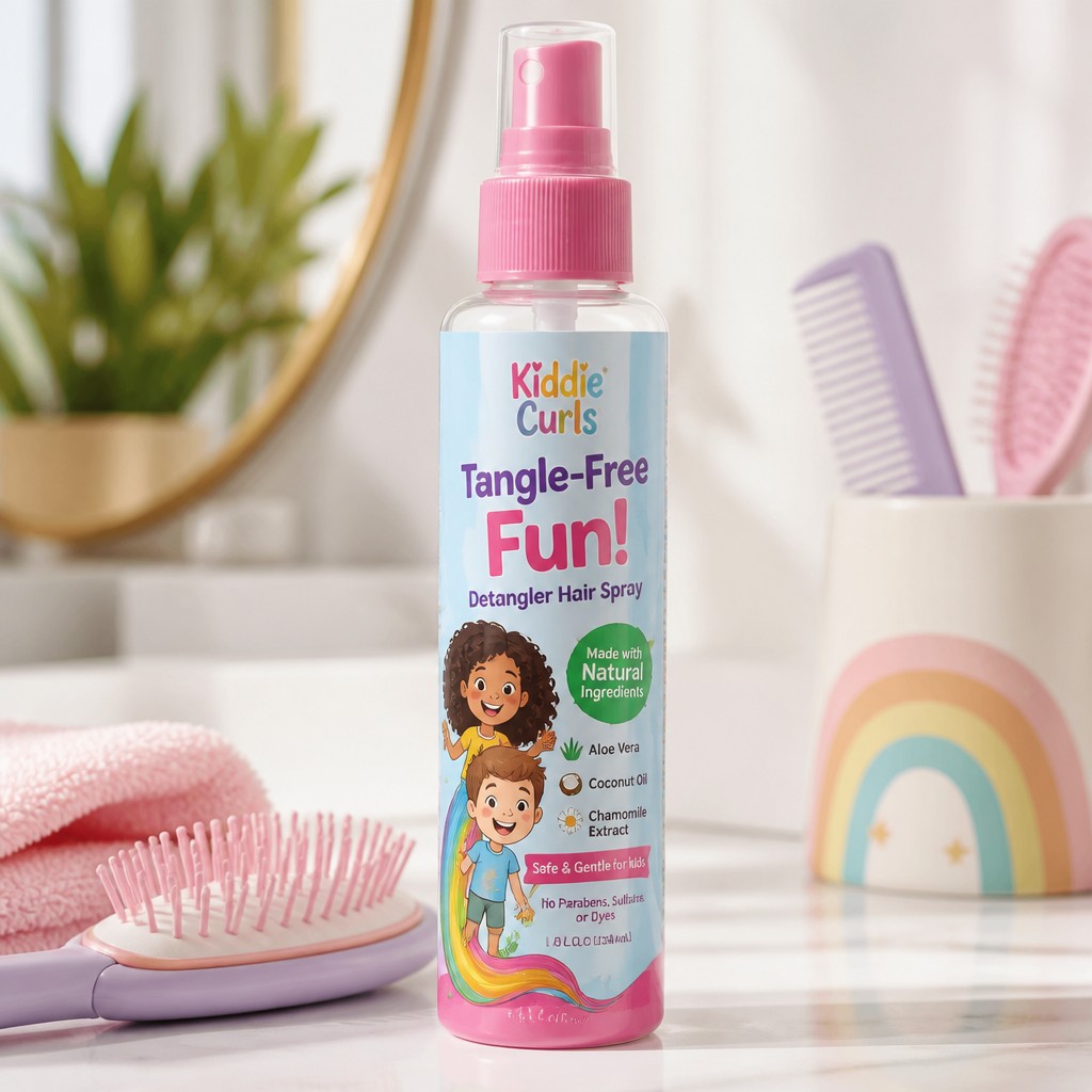 Create a realistic product mockup based on these instructions:
Create a vibrant, kid-friendly design for a detangler hair spray bottle. Incorporate playful elements like colorful cartoon characters and whimsical hair motifs. Use a modern, sleek bottle shape with a pump dispenser. The label should feature bold typography, emphasizing “Tangle-Free Fun!” while showcasing natural ingredients, ensuring a safe experience for children.
Create a professional, photorealistic mockup scene. If the instructions mention a design,
artwork, logo, print or graphic, invent an original, fitting design and integrate it onto the
product realistically with proper perspective, lighting and material texture. Only show a clean,
undecorated product if the instructions explicitly ask for a blank or plain product.
