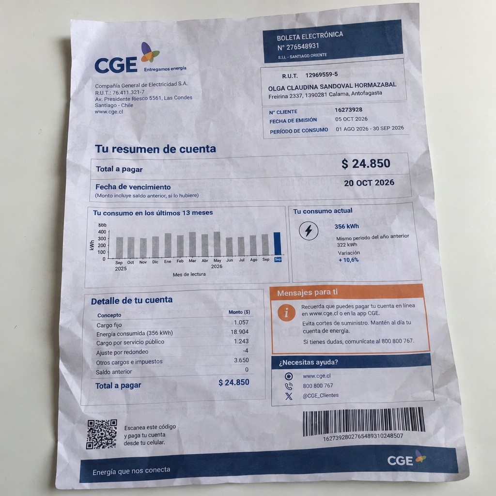 Create a statement, an electricity bill in CHILE. The A4 statement should be realistic, as if it were photographed on a phone. The document should be on a white background. The document must be for the last 3 months of October 2026. The document should contain several transactions and be wrinkled at the edges.
Name OLGA CLAUDINA SANDOVAL HORMAZABAL
Address Freirina 2337, 1390281 Calama, Antofagasta
R.U.T. 12969559-5
Date of birth 13.05.1976