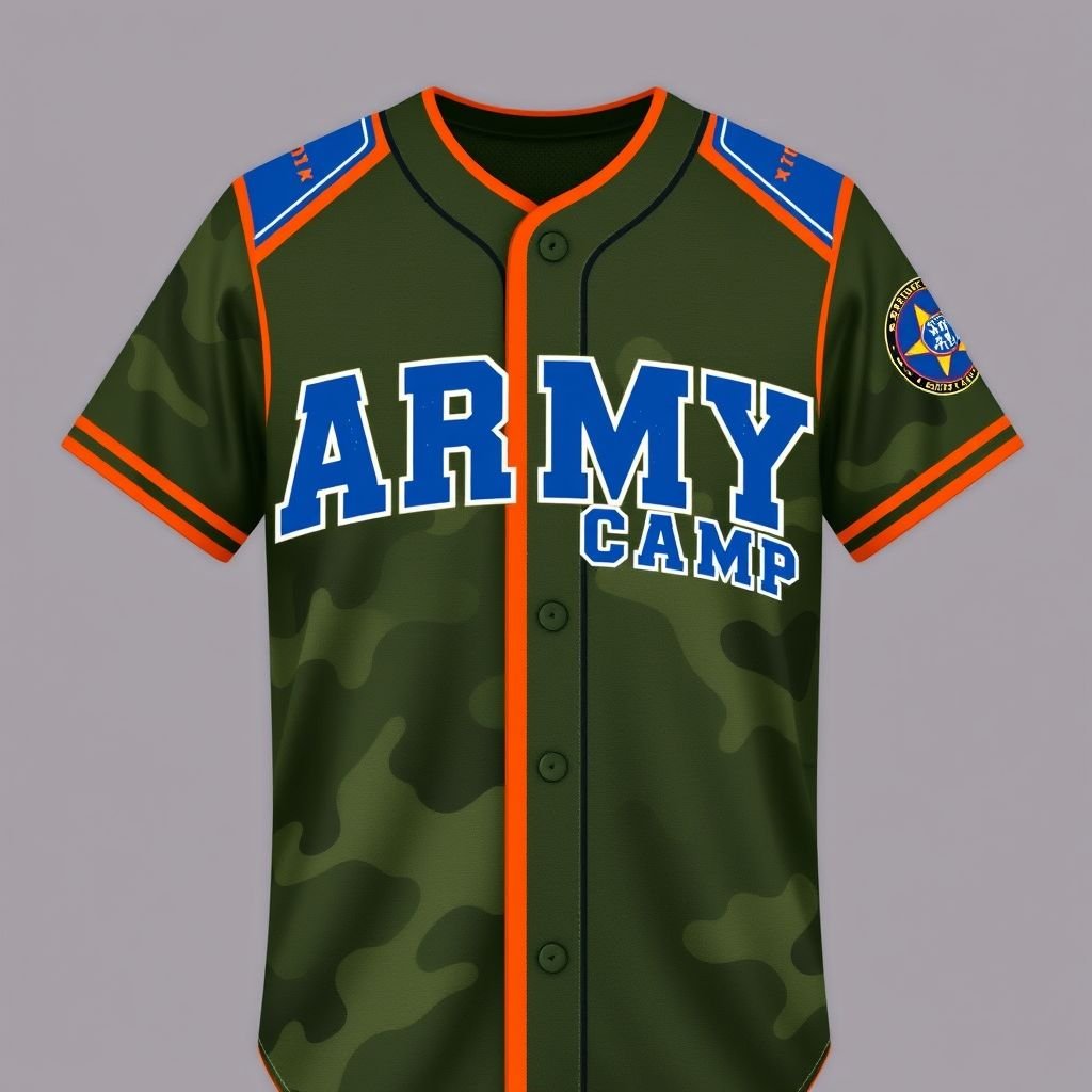 mockup design, Design a mockup of an army camp baseball jersey featuring a striking orange outline. The fabric should be a deep camouflage green, with bold royal blue lettering displayed prominently across the chest, spelling out "ARMY CAMP" with a vintage font. Include shoulder patches that symbolize camaraderie and teamwork.