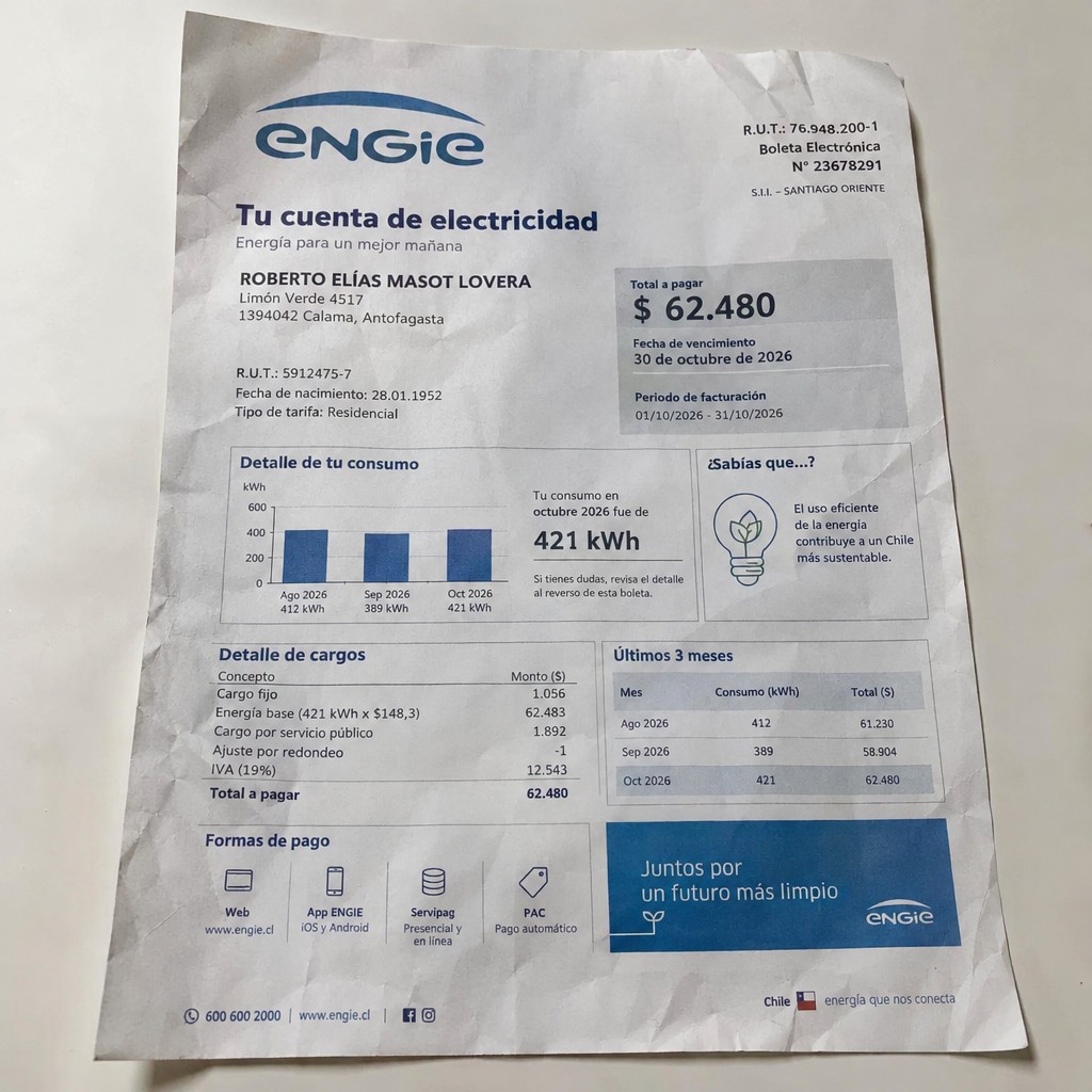 Create a statement, an electricity bill in CHILE. The A4 statement should be realistic, as if it were photographed on a phone. The document should be on a white background. The document must be for the last 3 months of October 2026. The document should contain several transactions and be wrinkled at the edges.
Name ROBERTO ELÍAS MASOT LOVERA
Address Limón Verde 4517, 1394042 Calama, Antofagasta
R.U.T. 5912475-7
Date of birth 28.01.1952