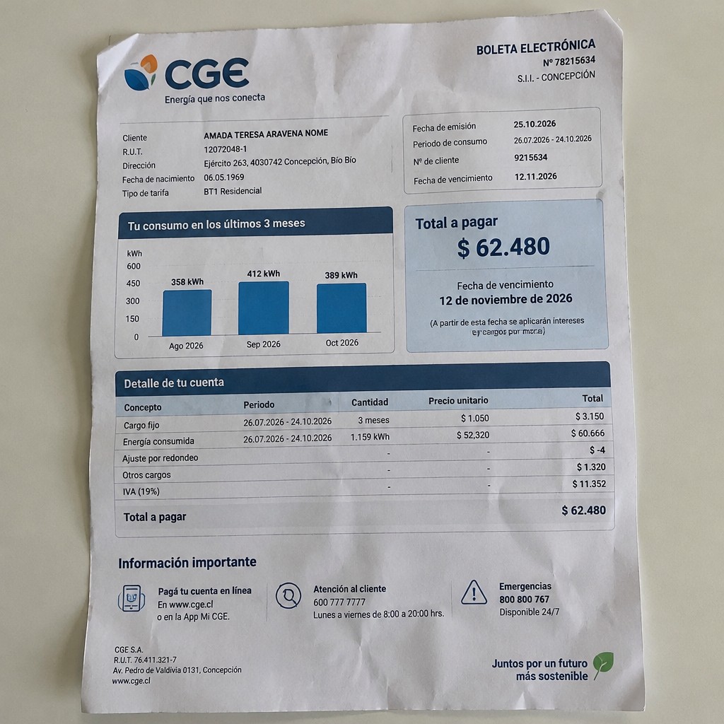 Create a statement, an electricity bill in CHILE. The A4 statement should be realistic, as if it were photographed on a phone. The document should be on a white background. The document must be for the last 3 months of October 2026. The document should contain several transactions and be wrinkled at the edges.
Name AMADA TERESA ARAVENA NOME
Address Ejército 263, 4030742 Concepción, Bío Bío
R.U.T. 12072048-1
Date of birth 06.05.1969
Date of discharge 25.10.2026 (OCTOBER 2026)