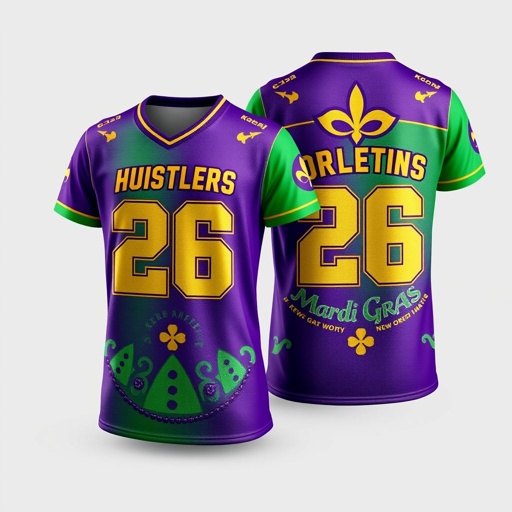 mockup design, Create a vibrant unisex jersey mockup for both adults and youth, showcasing a festive Mardi Gras theme. Feature bold purple, green, and gold colors. The front should prominently display “Krewe of Hustlers” at the top, with the number “26” below. The back should read “New ORLEANS” above “26” and include “Mardi GRAS” at the bottom, capturing the essence of celebration and unity. Consider intricate bead and mask designs to enhance the festive look.