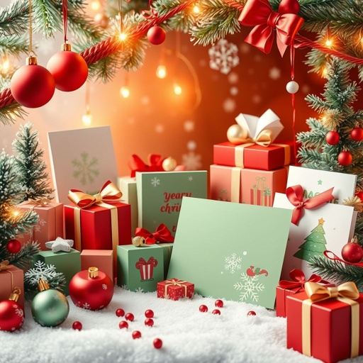 mockup design, Create a festive mockup design for "Christmas Line," featuring a vibrant assortment of holiday-themed products such as ornaments, wrapping paper, and greeting cards. Incorporate a cozy winter scene with twinkling lights, snowflakes, and evergreen trees. Use warm colors like red and green, highlighting the joyful spirit of Christmas celebrations.