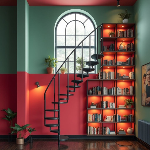 mockup design, Design a modern interior featuring a vibrant wall with a 6-foot-high fire escape window. Create a sleek, spiral staircase descending from the window, seamlessly integrated as bookshelves. Adorn the shelves with an eclectic mix of literature and plants. Incorporate warm lighting to enhance the inviting atmosphere of the space.
