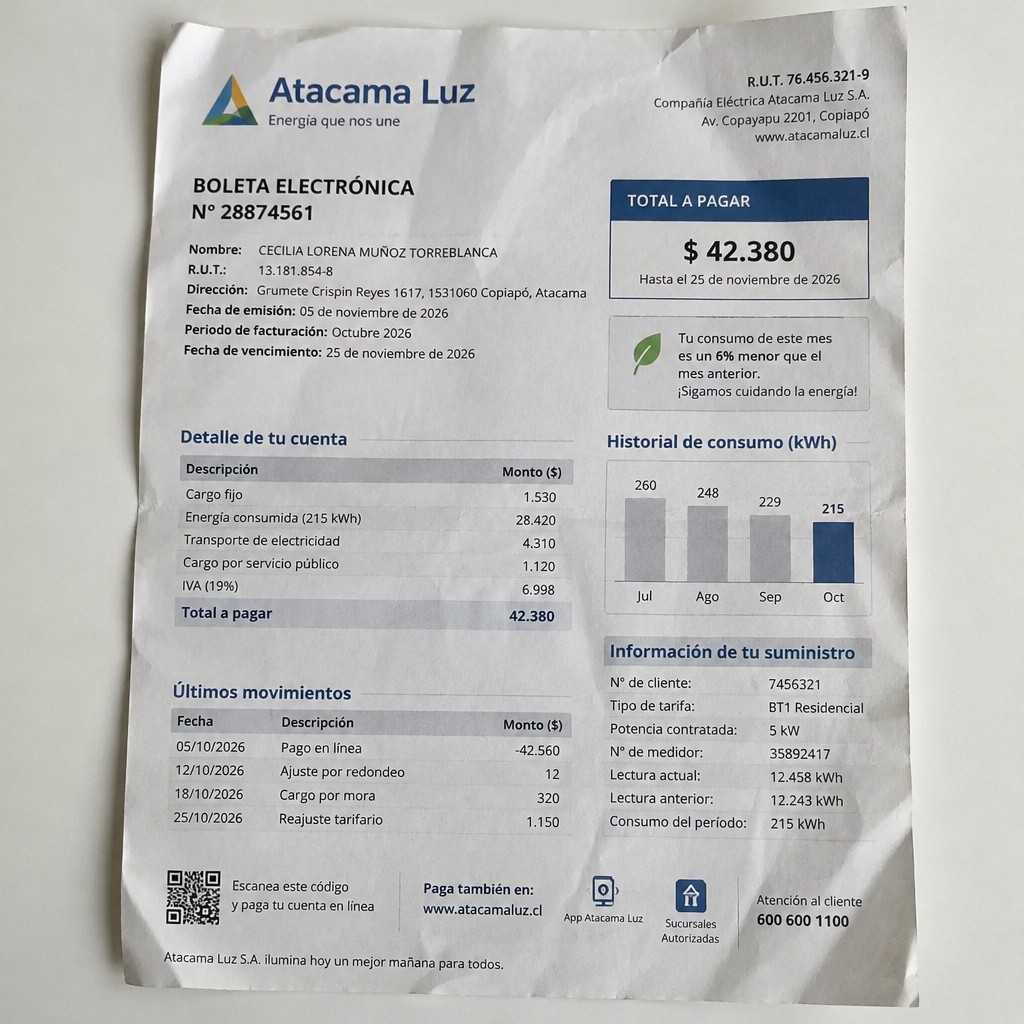 Create a statement, an electricity bill in CHILE. The A4 statement should be realistic, as if it were photographed on a phone. The document should be on a white background. The document must be for the last 3 months of October 2026. The document should contain several transactions and be wrinkled at the edges.
Name CECILIA LORENA MUÑOZ TORREBLANCA
Address Grumete Crispin Reyes 1617, 1531060 Copiapó, Atacama
R.U.T. 13181854-8
Date of birth 16.05.1977