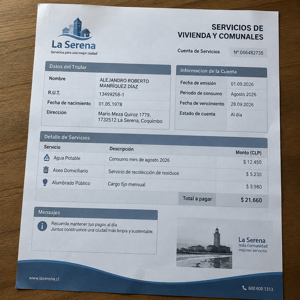 Create any statement containing the data. these can be statements such as : housing and communal services A4 format the statement should be realistic, as if it were photographed on a phone. The statement is on the same background.
Name ALEJANDRO ROBERTO MANRÍQUEZ DÍAZ
Address
Mario Meza Quiroz 1779, 1732512 La Serena, Coquimbo
R.U.T. 13499258-1
Date of birth 01.05.1978
Date of discharge 28.09.2026 (SEPTEMBER 2026)