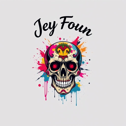mockup design, Create a vivid mockup design featuring a detailed skull illustration centered on a textured background. The skull is adorned with vibrant paint splashes and intricate patterns. Above it, in bold graffiti-style font, the text "Jey Foun" curves elegantly. The overall composition embodies an urban street art vibe, appealing and dynamic.