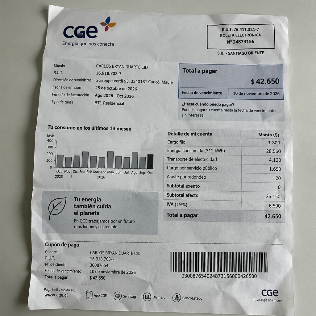 Create a statement, an electricity bill in CHILE. The A4 statement should be realistic, as if it were photographed on a phone. The document should be on a white background. The document must be for the last 3 months of October 2026. The document should contain several transactions and be wrinkled at the edges.
Name CARLOS BRYAN DUARTE CID
Adress Guiseppe Verdi 93, 3340181 Curicó, Maule
R.U.T. 16918703-7
Date of birth 19.01.1988
Date of discharge 25.10.2026 (OCTOBER 2026)