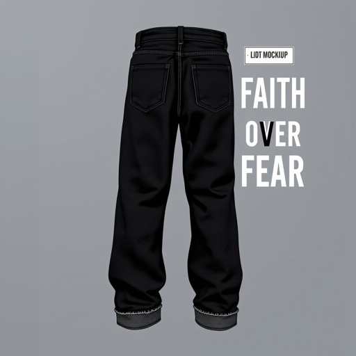 mockup design, Design a pair of black denim jeans with an oversized, baggy fit and an abundance of pockets in various sizes. The hem should feature a stylish faded cut, giving a trendy, worn-in look. At the back, add a prominent label that reads "Faith Over Fear," emphasizing a bold and inspiring message.