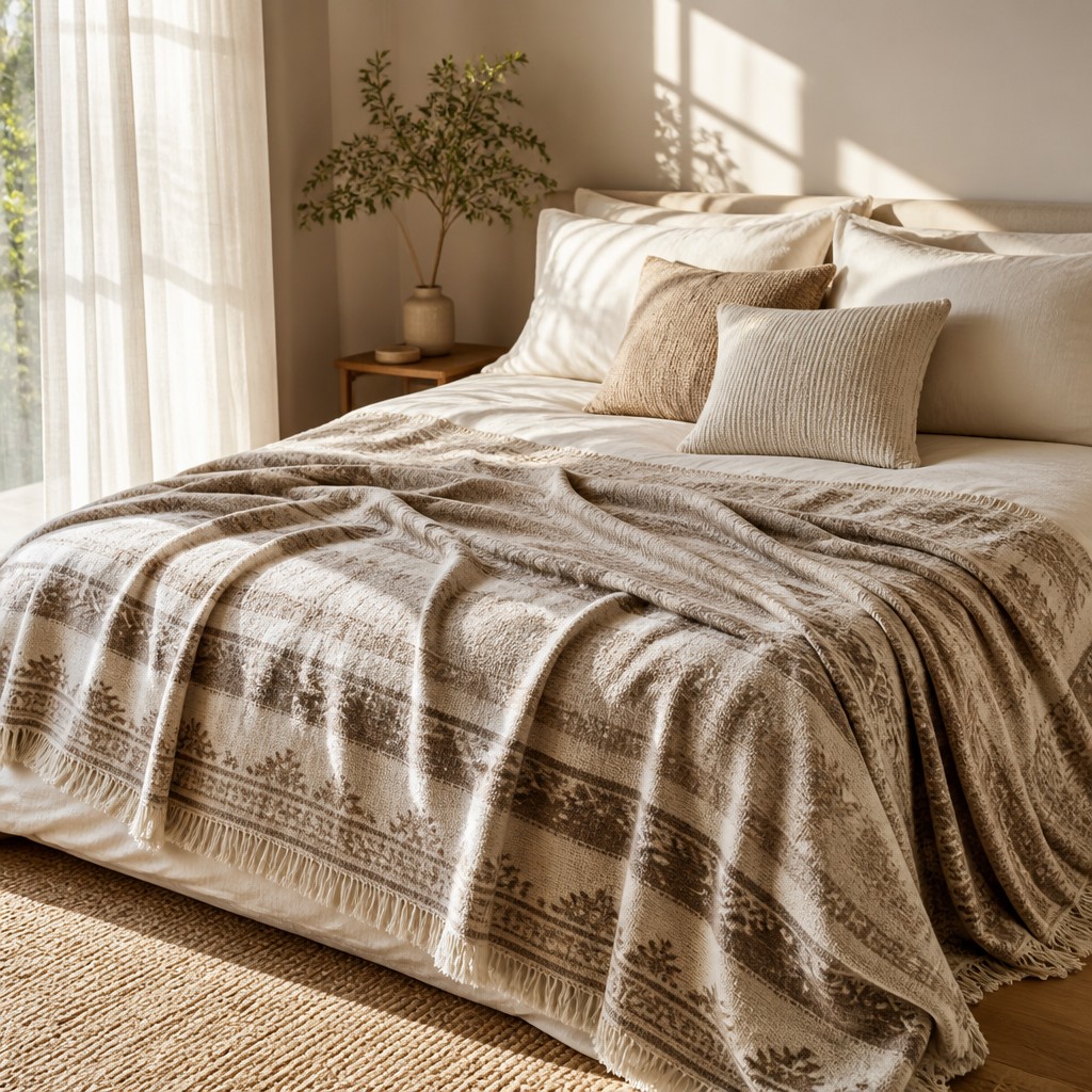 Create a realistic product mockup based on these instructions:
A cozy, oversized blanket draped elegantly across a minimalist bed in a sunlit room. The blanket features a soft, textured pattern in soothing earth tones, complemented by plush pillows of varying sizes. Light streams in through sheer curtains, casting gentle shadows, creating a serene and inviting atmosphere perfect for relaxation.
Create a professional, photorealistic mockup scene. If the instructions mention a design,
artwork, logo, print or graphic, invent an original, fitting design and integrate it onto the
product realistically with proper perspective, lighting and material texture. Only show a clean,
undecorated product if the instructions explicitly ask for a blank or plain product.