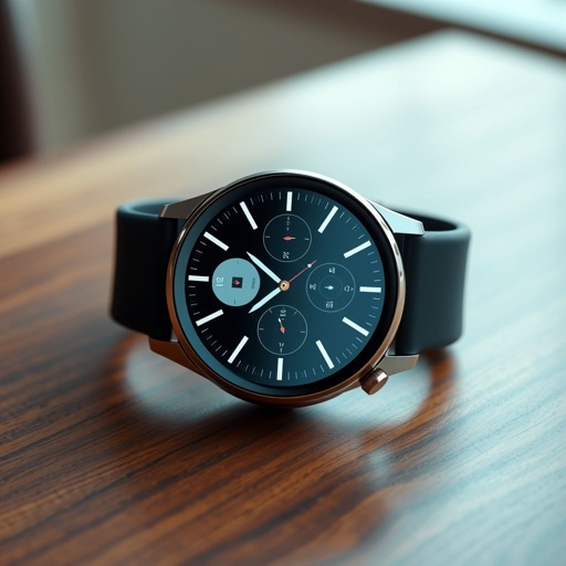 mockup design, Create a sleek, modern product mockup featuring a minimalist design for a high-end smartwatch. The watch should display an elegant interface with customizable watch faces. Incorporate a vibrant color palette, showcasing both dark and light modes on the watch screen. Place it on a stylish wooden table with soft lighting.