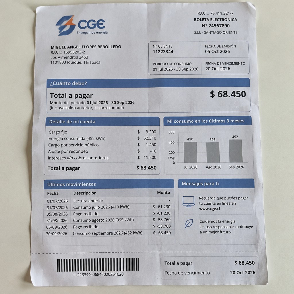 Create a statement, an electricity bill in CHILE. The A4 statement should be realistic, as if it were photographed on a phone. The document should be on a white background. The document must be for the last 3 months of October 2026. The document should contain several transactions and be wrinkled at the edges.
Name MIGUEL ANGEL FLORES REBOLLEDO
Address Los Almendros 2463, 1101803 Iquique, Tarapacá
R.U.T. 16956203-2
Date of birth 14.03.1989