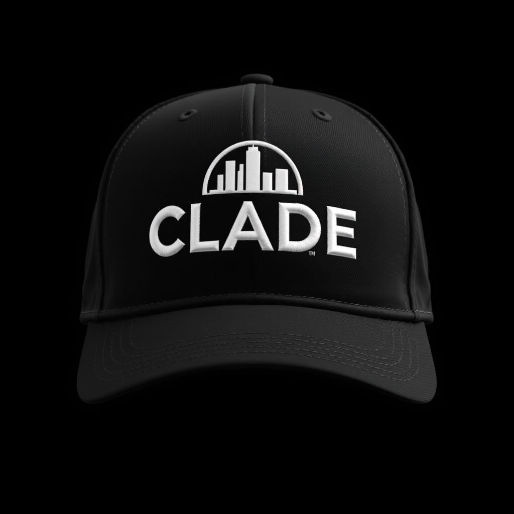 mockup design, Design a sleek black hat featuring the CLADE brand name prominently displayed in bold, modern typography. The logo is embroidered in white thread, with a stylized skyline circle design seamlessly integrated behind the brand name, representing urban sophistication. Include a subtle texture on the hat fabric for added visual interest.