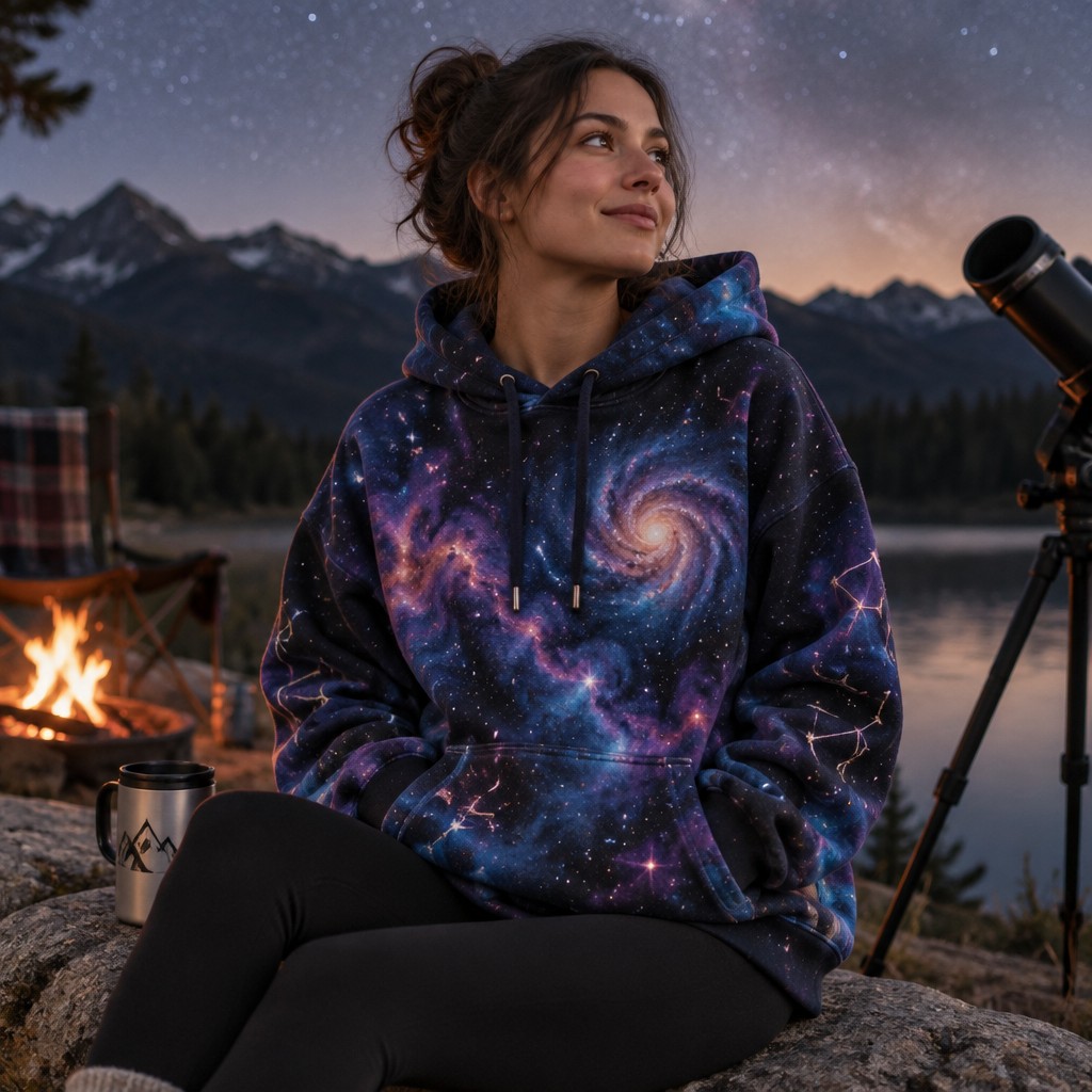 Create a realistic product mockup based on these instructions:
Design a cozy, oversized hoodie featuring a whimsical galaxy print, with vibrant stars and swirling nebulae. Incorporate a kangaroo pocket and a drawstring hood, adding subtle embroidered constellations on the sleeves. The fabric should be soft, with a relaxed fit suitable for both lounging and outdoor adventures under the night sky.
Create a professional, photorealistic mockup scene. If the instructions mention a design,
artwork, logo, print or graphic, invent an original, fitting design and integrate it onto the
product realistically with proper perspective, lighting and material texture. Only show a clean,
undecorated product if the instructions explicitly ask for a blank or plain product.