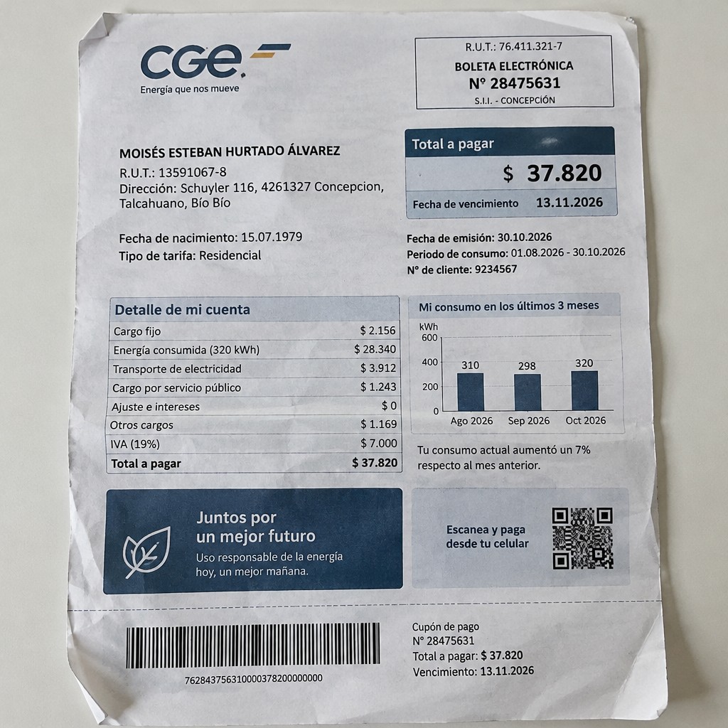 Create a statement, an electricity bill in CHILE. The A4 statement should be realistic, as if it were photographed on a phone. The document should be on a white background. The document must be for the last 3 months of October 2026. The document should contain several transactions and be wrinkled at the edges.
Name MOISÉS ESTEBAN HURTADO ÁLVAREZ
Address Schuyler 116, 4261327 Concepcion, Talcahuano, Bío Bío
R.U.T. 13591067-8
Date of birth 15.07.1979
Date of discharge 30.10.2026 (OCTOBER 2026)