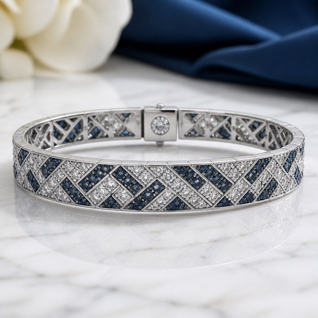 Create a realistic product mockup based on these instructions:
Design a stunning navy blue diamond bracelet featuring an intricate geometric pattern. The bracelet should be crafted from polished white gold, with alternating rows of exquisite navy blue diamonds and shimmering clear diamonds. Incorporate a secure clasp adorned with a single radiant diamond, ensuring elegance and sophistication in every detail.
Create a professional, photorealistic mockup scene. Since no design image was provided,
show the product/scene with a placeholder or blank surface where a design would typically go.