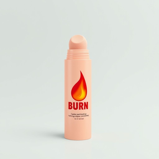 mockup design, Create a striking mockup design featuring a cylindrical cosmetic packaging tube in a soft peach color, showcasing a unique sponge applicator top. The packaging should depict a bold red flame ascending halfway, symbolizing intensity. Prominently display the daring text "BURN" in vibrant red, ensuring it captures attention and exudes confidence.