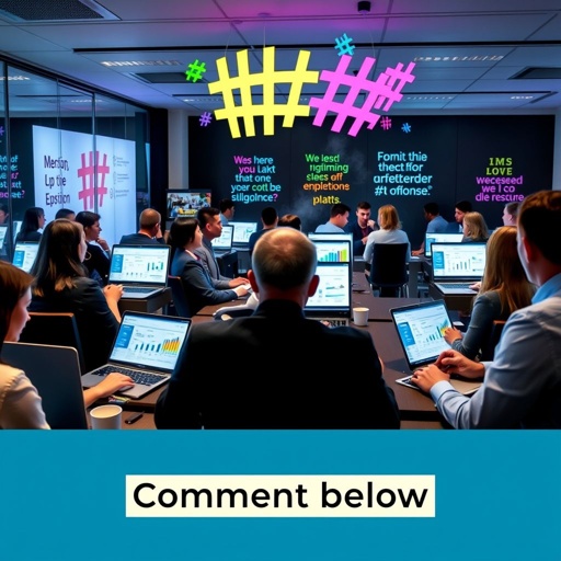 A sleek, modern office environment, filled with professionals engrossed in animated discussions. Laptops open, colorful graphs and charts illuminating their screens. LinkedIn interface visible, vibrant hashtags floating above. Engaging visuals, motivational quotes adorning walls. An inviting atmosphere, coffee cups steaming, networking opportunities palpable. A gentle reminder to comment below.