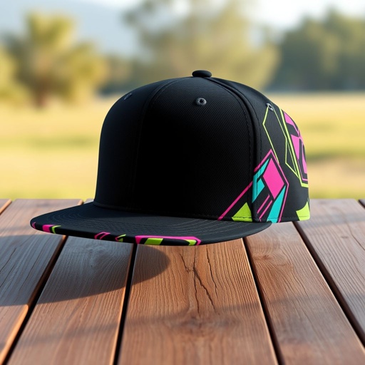 mockup design, Design a stylish and modern hat mockup featuring an adjustable snapback style. The hat should have a sleek black base with vibrant neon accents and an abstract geometric pattern. Showcase it on a wooden surface against a softly blurred outdoor background, highlighting its versatility for both casual and outdoor activities.