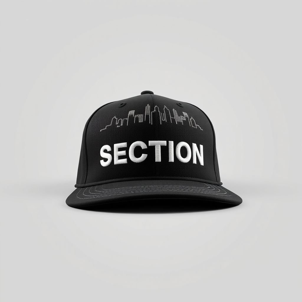 mockup design, Design a sleek black hat featuring the SECTION brand name in bold, stylish font. The skyline should be intricately embroidered above the brand name, showcasing a city silhouette. Utilize crisp, all-white embroidery to create a striking contrast against the black fabric, making it a standout accessory for urban fashion enthusiasts.