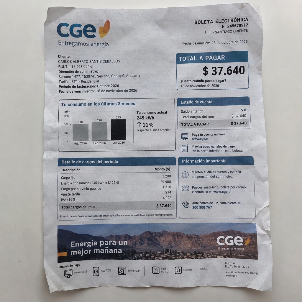 Create a statement, an electricity bill in CHILE. The A4 statement should be realistic, as if it were photographed on a phone. The document should be on a white background. The document must be for the last 3 months of October 2026. The document should contain several transactions and be wrinkled at the edges.
Name CARLOS ALBERTO SANTIS CEBALLOS
Address Serrano 1477, 1530741 Serrano, Copiapó, Atacama
R.U.T. 15468054-3
Date of birth 15.04.1982