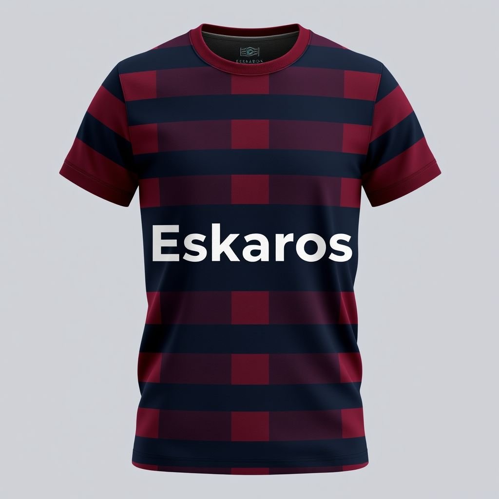 mockup design, Create a mockup design for a vertically striped T-shirt featuring bold burgundy and dark blue stripes. The brand name "Eskaros" should be prominently displayed across the chest in a modern, stylish font. Incorporate a subtle texture to the fabric for added depth and visual interest, appealing to contemporary fashion trends.