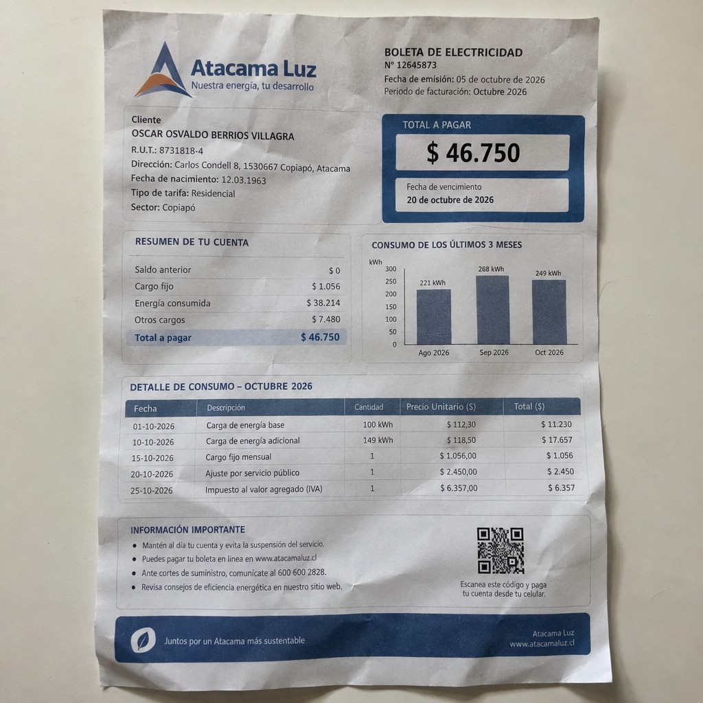 Create a statement, an electricity bill in CHILE. The A4 statement should be realistic, as if it were photographed on a phone. The document should be on a white background. The document must be for the last 3 months of October 2026. The document should contain several transactions and be wrinkled at the edges.
Name OSCAR OSVALDO BERRIOS VILLAGRA
Address Carlos Condell 8, 1530667 Copiapó, Atacama
R.U.T. 8731818-4
Date of birth 12.03.1963