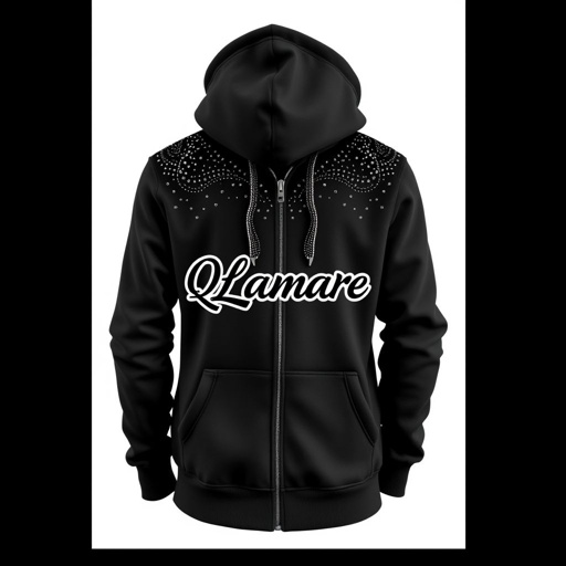 mockup design, Create a stylish 400 GSM distressed black zip-up hoodie featuring an eye-catching design. Adorn the fabric with shimmering black rhinestones for added glamour. Display the brand name "QLamare" prominently in sleek black lettering outlined in white. Ensure the overall look is trendy and modern, appealing to fashion enthusiasts.