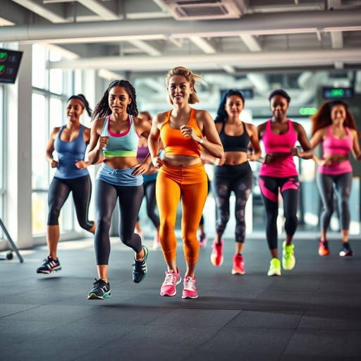 mockup design, "Design a vibrant mockup of a group workout session set in a modern gym, featuring diverse individuals wearing innovative Smart Shoes. The shoes should be animated, illustrating features like energy monitoring and step tracking. Capture the energetic atmosphere with dynamic poses, colorful fitness gear, and motivating elements like digital feedback displays."