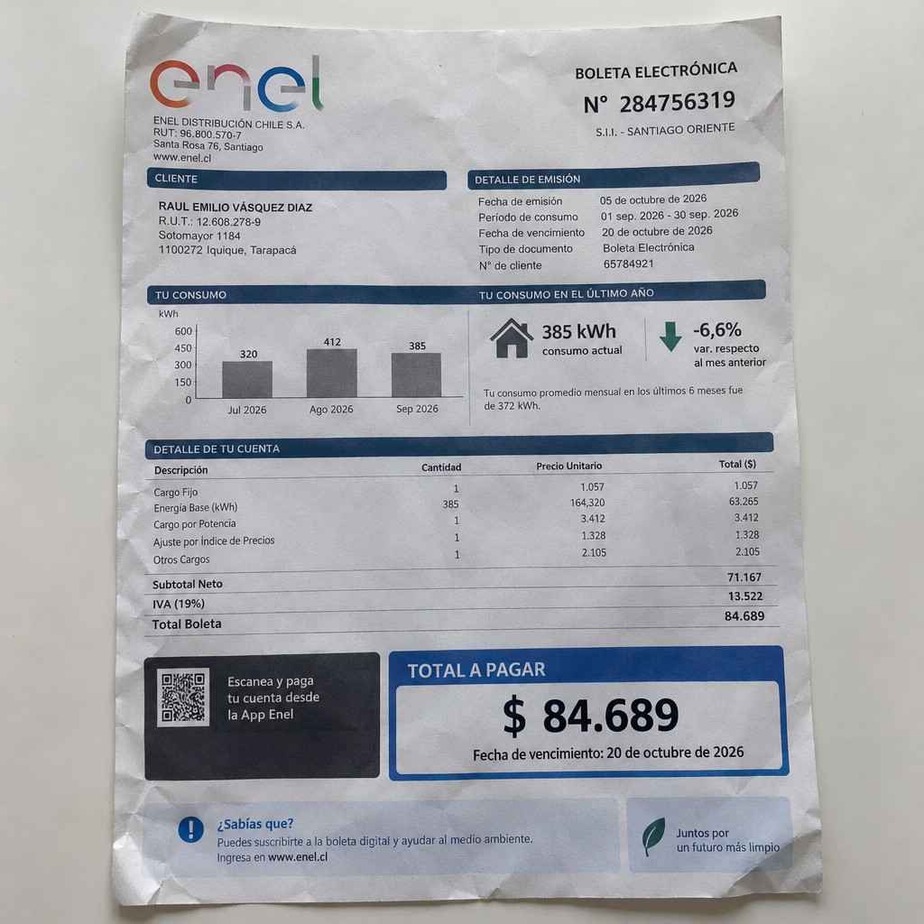 Create a statement, an electricity bill in CHILE. The A4 statement should be realistic, as if it were photographed on a phone. The document should be on a white background. The document must be for the last 3 months of October 2026. The document should contain several transactions and be wrinkled at the edges.
Name RAUL EMILIO VÁSQUEZ DIAZ
Address Sotomayor 1184, 1100272 Iquique, Tarapacá
R.U.T. 12608278-9
Date of birth 17.12.1973