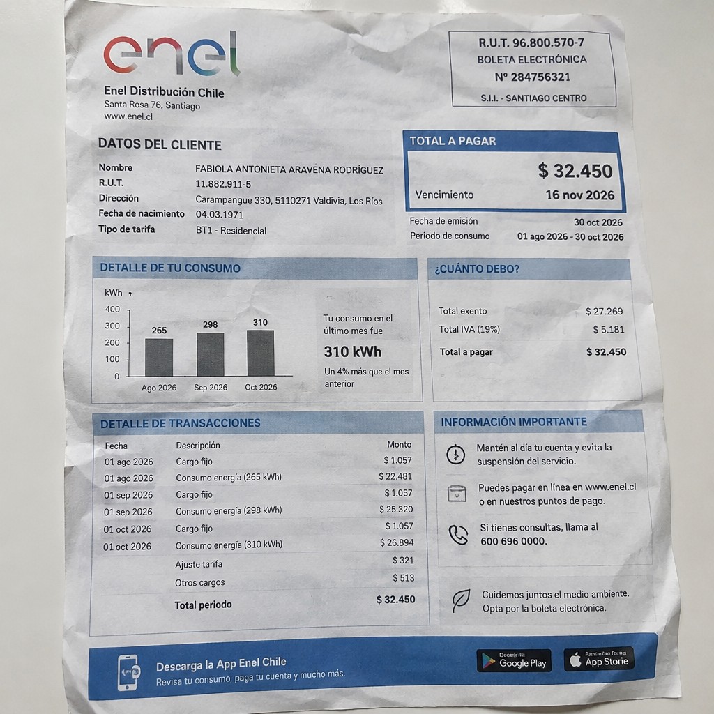 Create a statement, an electricity bill in CHILE. The A4 statement should be realistic, as if it were photographed on a phone. The document should be on a white background. The document must be for the last 3 months of October 2026. The document should contain several transactions and be wrinkled at the edges.
Name FABIOLA ANTONIETA ARAVĘNA RODRÍGUEZ
Address Carampangue 330, 5110271 Valdivia, Los Ríos
R.U.T. 11882911-5
Date of birth 04.03.1971
Date of discharge 30.10.2026 (OCTOBER 2026)