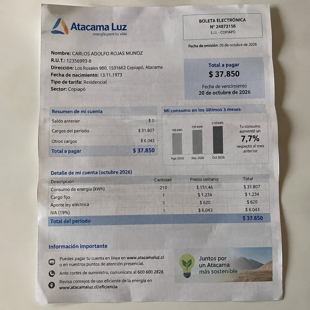 Create a statement, an electricity bill in CHILE. The A4 statement should be realistic, as if it were photographed on a phone. The document should be on a white background. The document must be for the last 3 months of October 2026. The document should contain several transactions and be wrinkled at the edges.
Name CARLOS ADOLFO ROJAS MUNOZ
Address Los Rosales 980, 1531662 Copiapó, Atacama
R.U.T. 12356993-8
Date of birth 13.11.1973