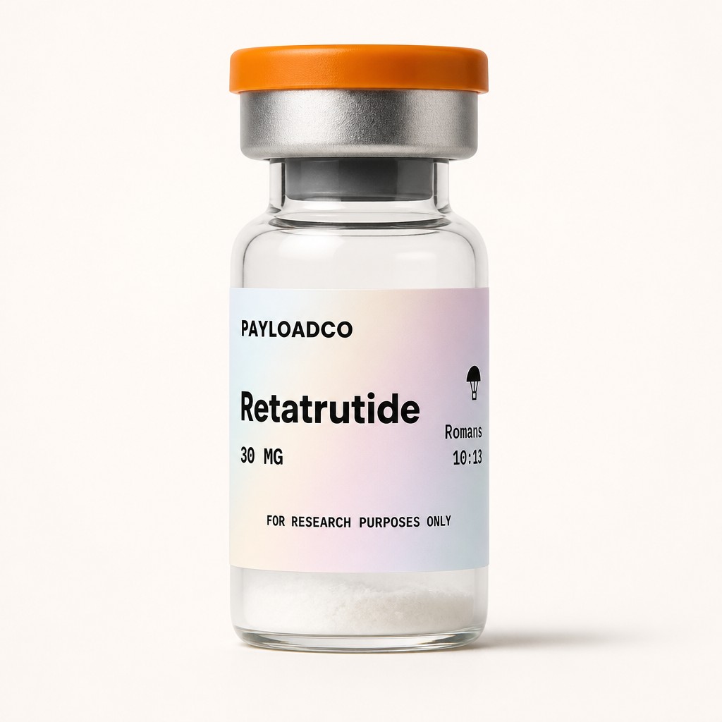 Photorealistic studio product photo of a small 3mL glass pharmaceutical vial with a clear glass body. The neck has a silver aluminum crimp cap band, topped with an amber-orange (hex D6810C) flip-off plastic disc cap. A rubber stopper sits fully seated and hidden beneath the crimp cap — no rubber visible sticking out above or around the metal. Only a small amount of loose white lyophilized powder dusting the bottom of the vial — the vial should look mostly empty, not filled or packed. Use my uploaded label image exactly as provided, pixel-for-pixel — do not regenerate, redesign, or reword any part of it. Vial centered, shot straight-on, soft even studio lighting, subtle soft shadow beneath, plain flat warm off-white background (hex FBF8F1), no border, no frame, no card, no rounded corner mat, no vignette — the vial floats on a plain background with no outline around the photo. Minimal reflections, sharp focus on the label. No other objects, no hands, no props. Make th e label take up the majority of the vial like in the second picture