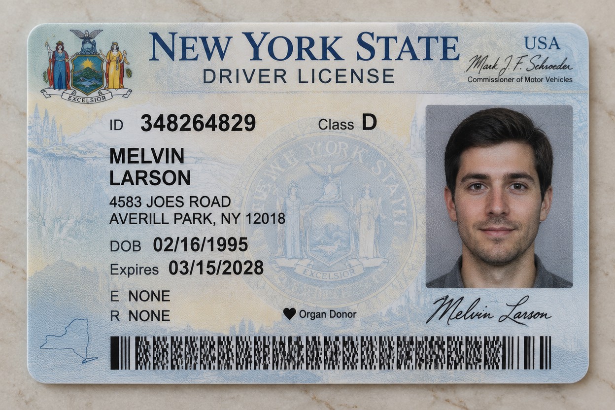 Generate a photorealistic image of a New York State driver license card.
Card Details:
Name: Melvin Larson
License Number: 348264829
Date of Birth: 02/16/1995
Expiration Date: 03/15/2028
Class: D (standard passenger vehicle)
Address: 4583 Joes Road Averill Park, NY 12018
Design Requirements:
Accurate New York State DMV license design with official colors (blue, gold, dark blue)
Includes the NY state seal and "DRIVER LICENSE" text at top
Portrait photo position on right side (use a professional headshot style)
Barcode and magnetic stripe at bottom
Holographic security features visible
License number, expiration date, and restrictions clearly printed
High resolution, sharp text and colors
Front-facing view only, no 3D perspective
The license should look official and authentic, suitable for mockups, design presentations, or educational materials.