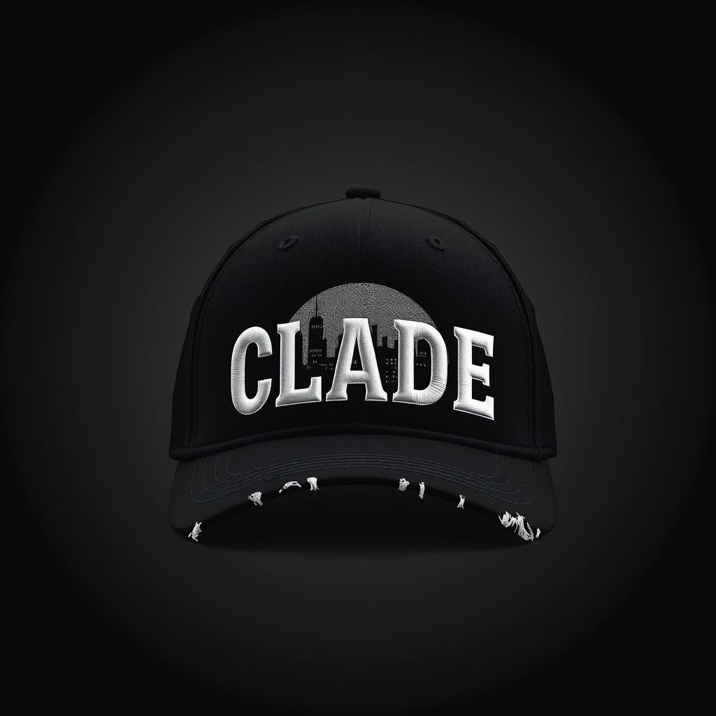 mockup design, Design a black baseball hat featuring the brand name "CLADE" prominently embroidered on the front. Behind the lettering, incorporate a circular city skyline as a subtle background, symbolizing urban lifestyle. Add stylish rips along the lip of the hat for a rugged, streetwear vibe. Perfect for trendy individuals.