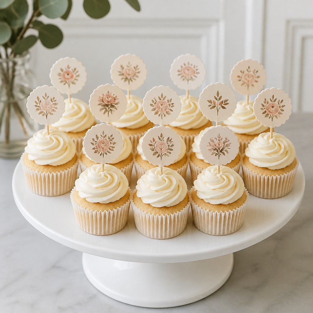 Small paper cupcake toppers standing in swirled buttercream frosting on a dozen cupcakes arranged on a cake stand, soft natural light, featuring a tasteful sample brand design, no watermarks, no text overlays