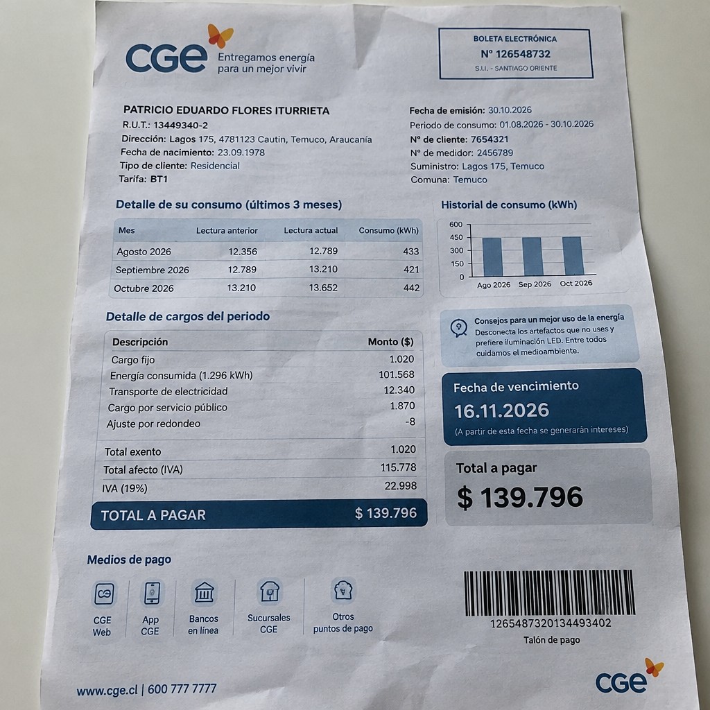 Create a statement, an electricity bill in CHILE. The A4 statement should be realistic, as if it were photographed on a phone. The document should be on a white background. The document must be for the last 3 months of October 2026. The document should contain several transactions and be wrinkled at the edges.
Name PATRICIO EDUARDO FLORES ITURRIETA
Address Lagos 175, 4781123 Cautin, Temuco, Araucanía
R.U.T. 13449340-2
Date of birth 23.09.1978
Date of discharge 30.10.2026 (OCTOBER 2026)