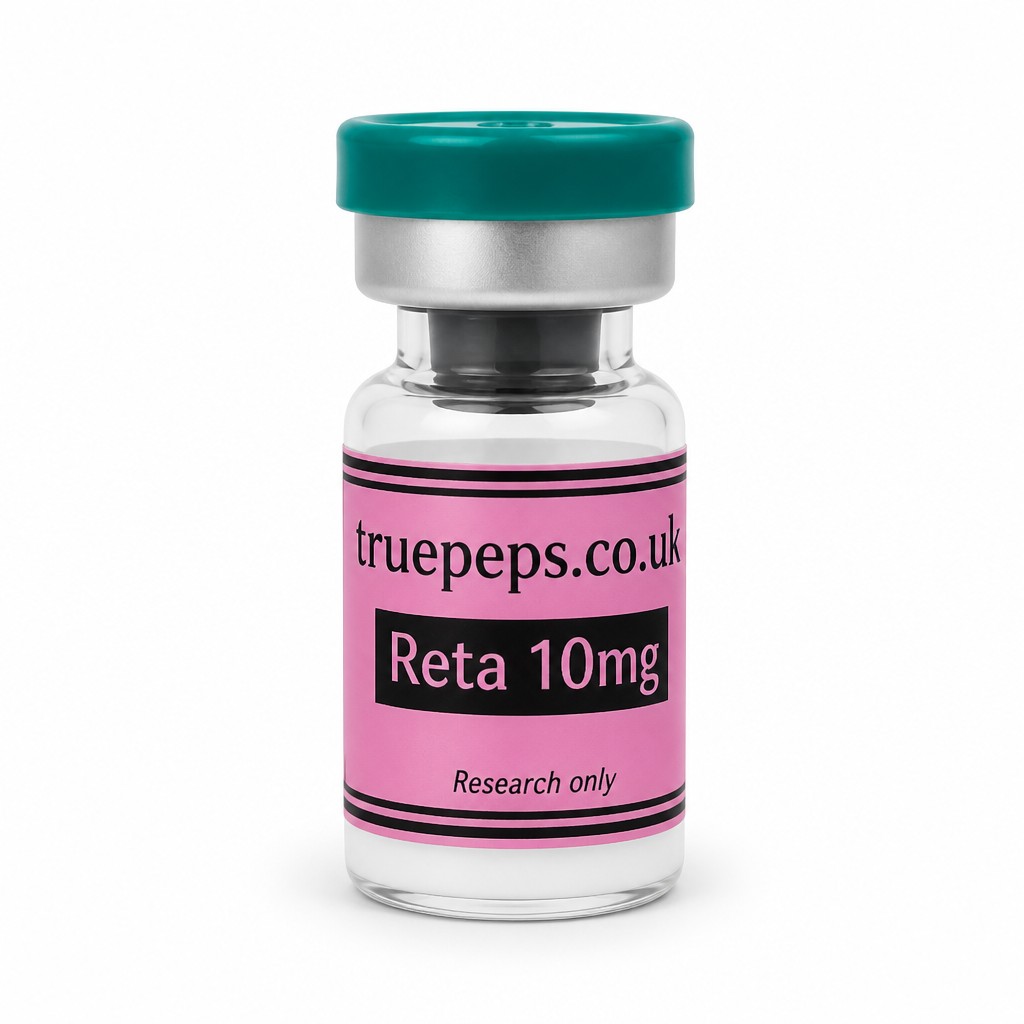 Recreate the exact glass pharmaceutical vial shown in the reference image, with no design changes whatsoever — same teal/green flip-off cap, same silver crimp collar, same clear glass vial, same pink label with black double-line border. Label text must match exactly: "truepeps.co.uk" at the top, a black bar containing "Reta 10mg" in pink text, and "Research only" in small italic text at the bottom. Do not alter colors, wording, logo, or label layout in any way.
Reframe only: center the vial upright in the middle of the frame, straight-on eye-level angle, full label facing camera and fully legible with no text cut off. Place on a seamless pure white studio background. Soft, even diffused studio lighting with no harsh glare on the glass or cap. Subtle soft realistic shadow directly beneath the vial. Sharp focus throughout, especially the label text. Professional e-commerce product photography style, high detail, 4K.