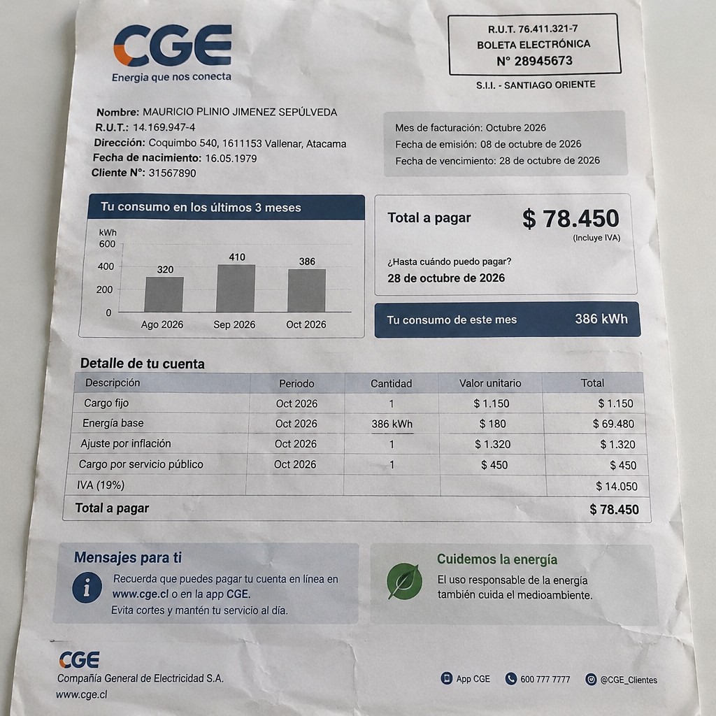 Create a statement, an electricity bill in CHILE. The A4 statement should be realistic, as if it were photographed on a phone. The document should be on a white background. The document must be for the last 3 months of October 2026. The document should contain several transactions and be wrinkled at the edges.
Name MAURICIO PLINIO JIMENEZ SEPÚLVEDA
Address Coquimbo 540, 1611153 Vallenar, Atacama
R.U.T. 14169947-4
Date of birth 16.05.1979