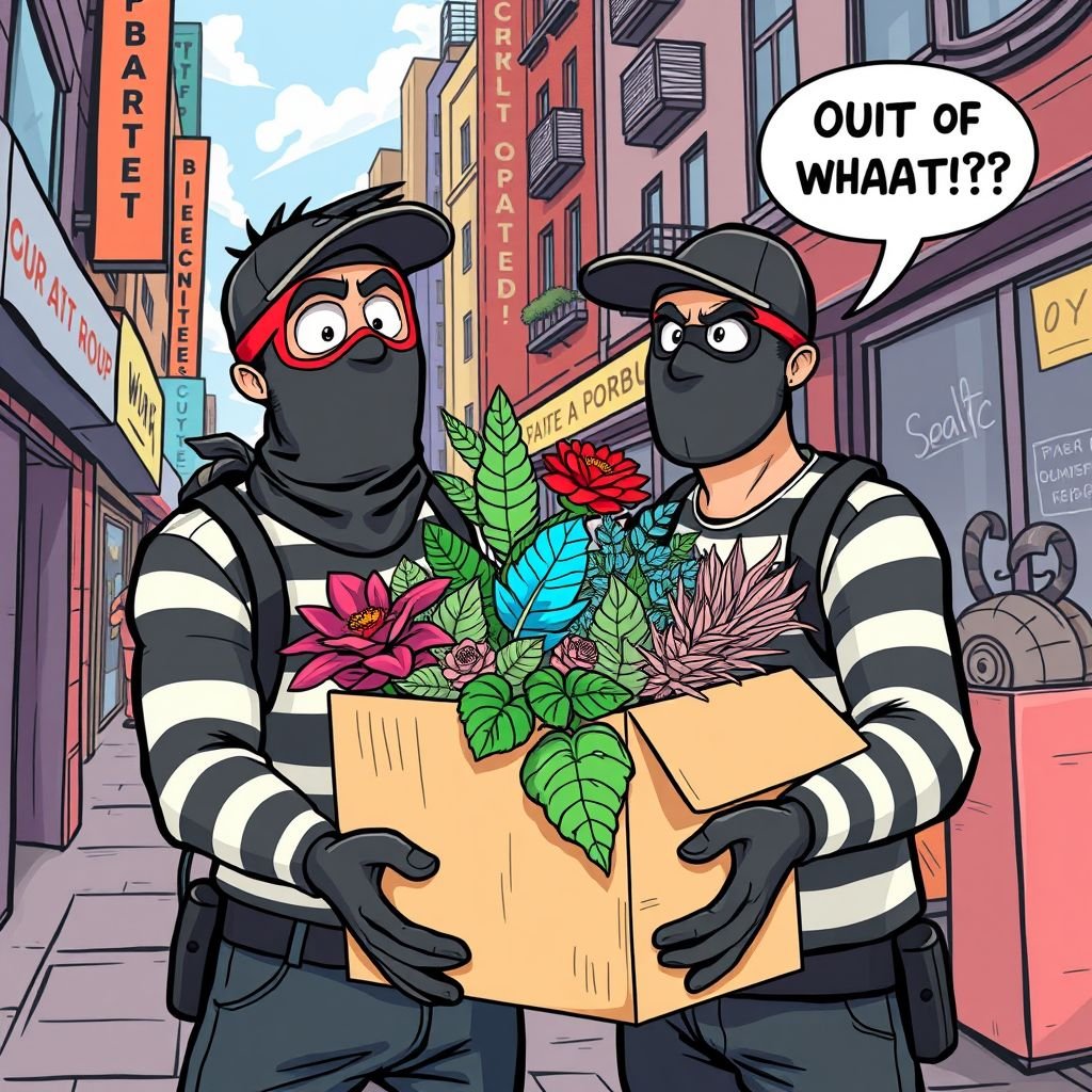 mockup design, Create a vibrant, comic-style illustration featuring two quirky robbers in a bustling urban setting. One robber, clad in a striped shirt and ski mask, is holding a large box overflowing with colorful plants, a look of confusion on his face. "Out of what?" he exclaims, eyebrows raised, as the other looks puzzled.