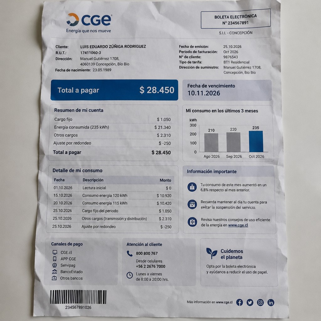 Create a statement, an electricity bill in CHILE. The A4 statement should be realistic, as if it were photographed on a phone. The document should be on a white background. The document must be for the last 3 months of October 2026. The document should contain several transactions and be wrinkled at the edges.
Name LUIS EDUARDO ZÚÑIGA RODRIGUEZ
Address Manuel Gutiérrez 1708, 4060139 Concepción, Bío Bío
R.U.T. 17411060-3
Date of birth 23.05.1989
Date of discharge 25.10.2026 (OCTOBER 2026)