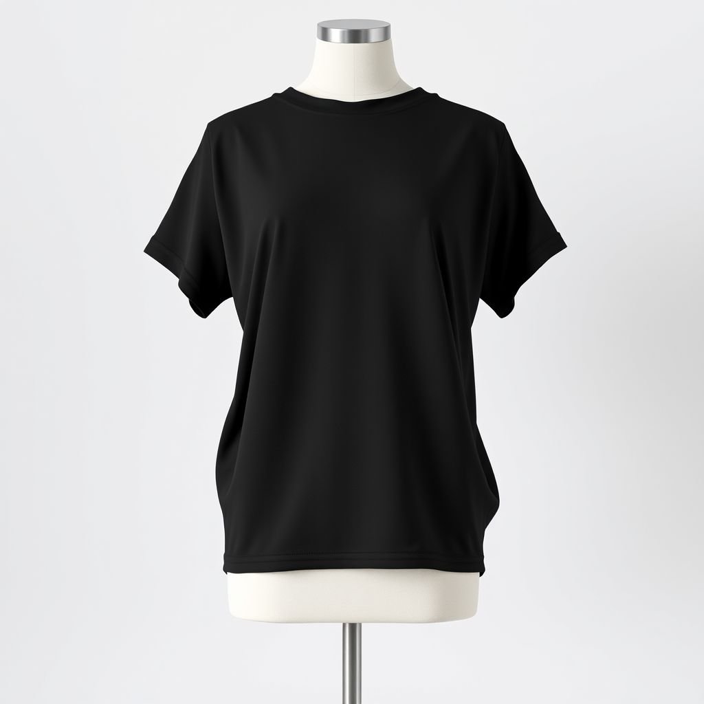 mockup design, Create a mockup of a drop shoulder t-shirt in a solid black color. The t-shirt should have a relaxed fit, showcasing its wide neckline and soft fabric texture. Display it on a minimalistic mannequin against a neutral backdrop, highlighting its versatility for casual and streetwear styles. Add subtle shadowing for depth.
