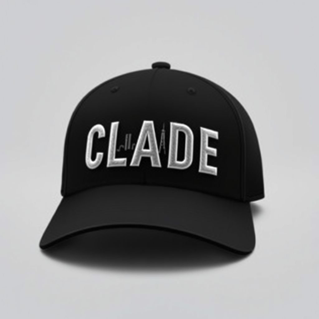 mockup design, Design a sleek black hat featuring the CLADE brand name boldly embroidered on the front. Behind the brand name, incorporate a detailed skyline silhouette in a contrasting color that gives depth and sophistication. The overall look should be modern and stylish, appealing to urban fashion enthusiasts and conveying a sense of cosmopolitan flair.