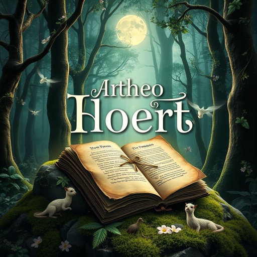 mockup design, Design a captivating book cover featuring a mystical forest illuminated by shimmering moonlight. Include an ancient, weathered manuscript resting on a moss-covered stone, with ethereal creatures peeking through the trees. Use a whimsical font for the title, integrating nature elements like vines and flowers that blend seamlessly into the design.