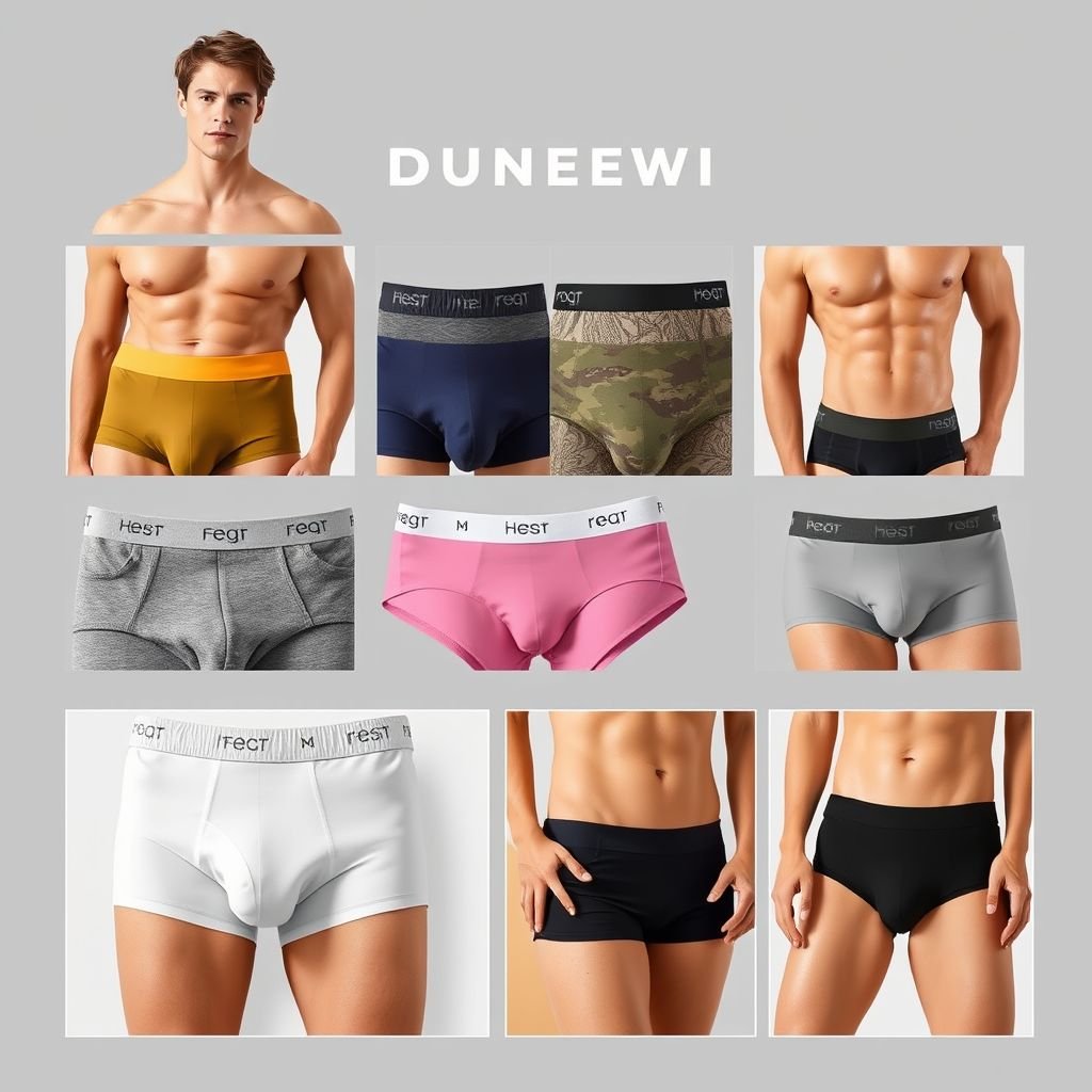mockup design, Design a stylish and contemporary underwear collection featuring a variety of colors and patterns. Include both men’s and women’s styles, showcasing comfortable fabrics like cotton and modal. Highlight features such as elastic waistbands and breathable materials. Create an eye-catching layout with lifestyle photos and product close-ups against a minimalist backdrop.