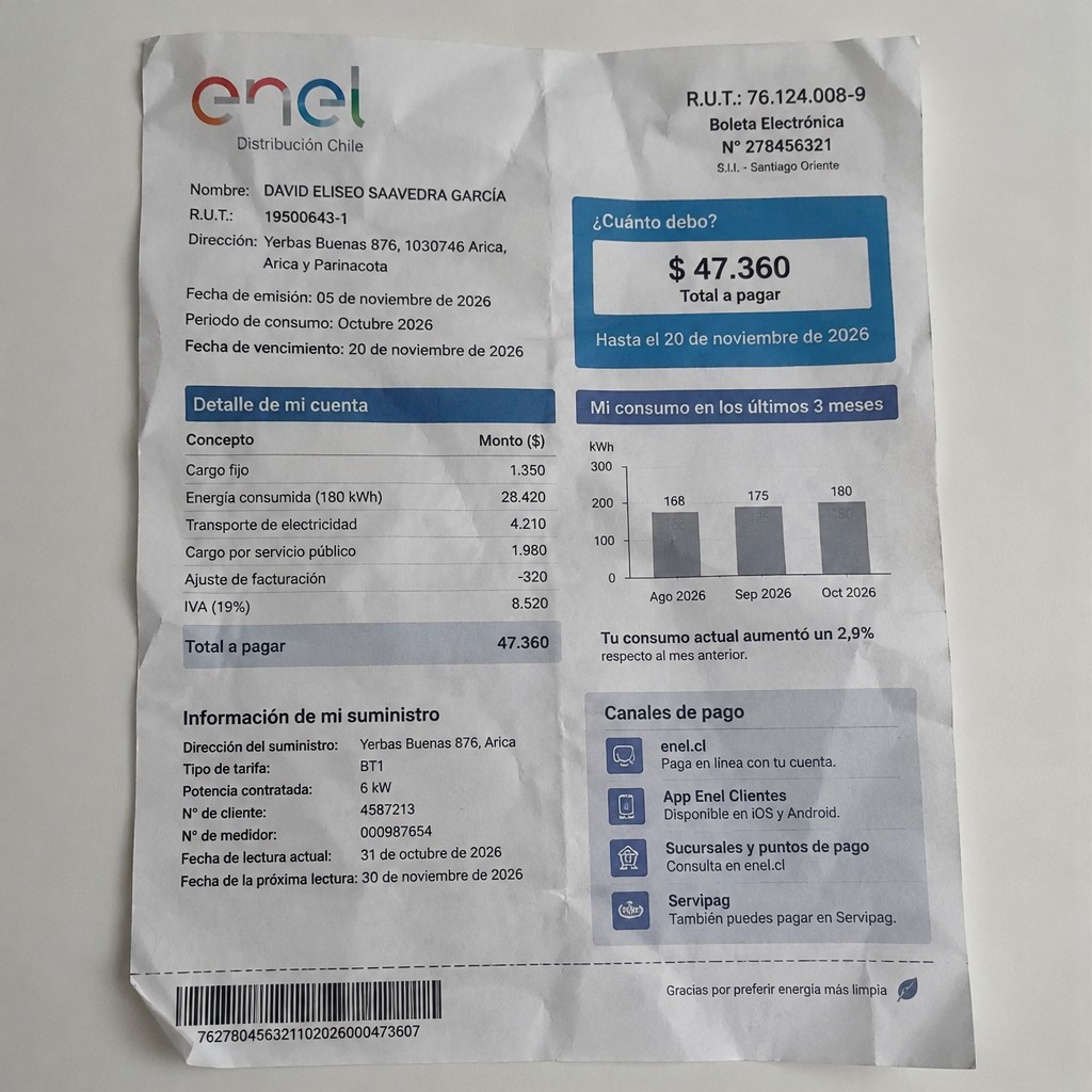 Create a statement, an electricity bill in CHILE. The A4 statement should be realistic, as if it were photographed on a phone. The document should be on a white background. The document must be for the last 3 months of October 2026. The document should contain several transactions and be wrinkled at the edges.
Name DAVID ELISEO SAAVEDRA GARCÍA
Address Yerbas Buenas 876, 1030746 Arica, Arica y Parinacota
R.U.T. 19500643-1
Date of birth 10.06.1997