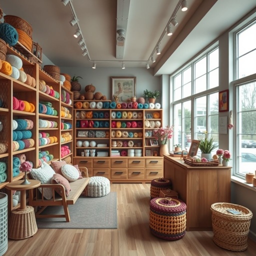 mockup design, Design a charming yarn store interior for "CrochetBySammy," featuring cozy, rustic decor with wooden shelves overflowing with vibrant yarns. Include a comfortable reading nook adorned with crochet cushions, an inviting checkout area with handmade crafts, and large windows allowing natural light. Create a warm, welcoming atmosphere perfect for crafters.
