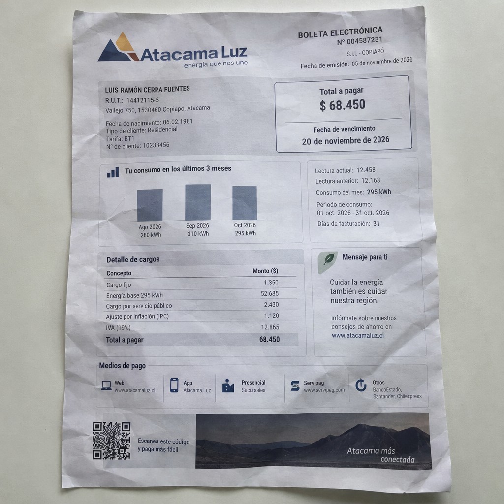 Create a statement, an electricity bill in CHILE. The A4 statement should be realistic, as if it were photographed on a phone. The document should be on a white background. The document must be for the last 3 months of October 2026. The document should contain several transactions and be wrinkled at the edges.
Name LUIS RAMÓN CERPA FUENTES
Address Vallejo 750, 1530460 Copiapó, Atacama
R.U.T. 14412115-5
Date of birth 06.02.1981